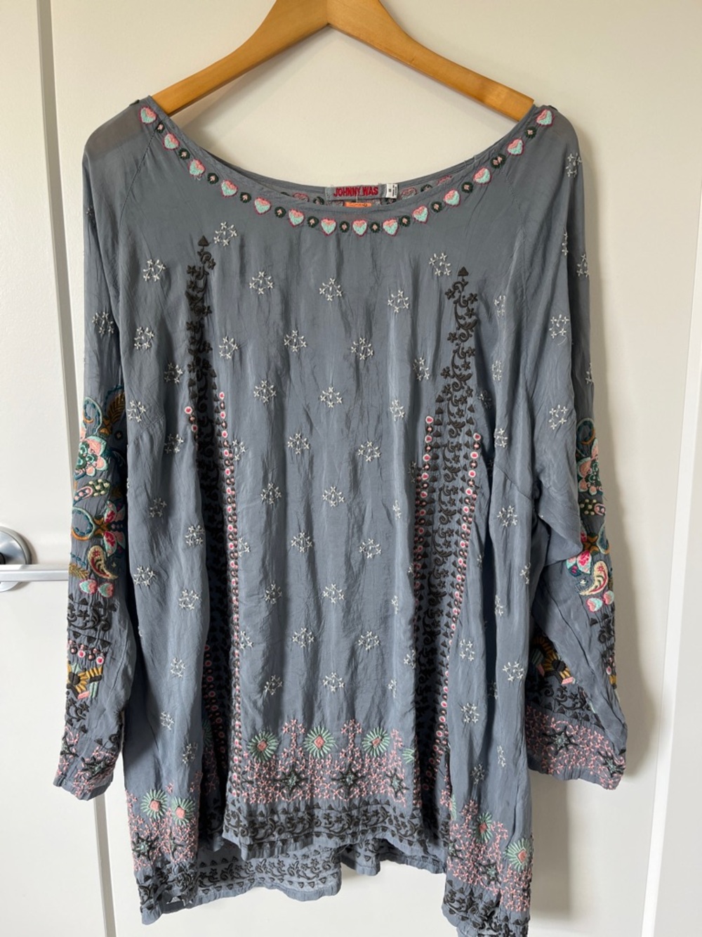 Johnny Was Grey Tunic with Pink & Teal Heart Embroidery